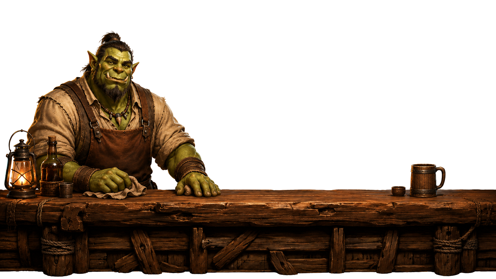 Friendly orc barkeep standing behind a rough wooden tavern bar